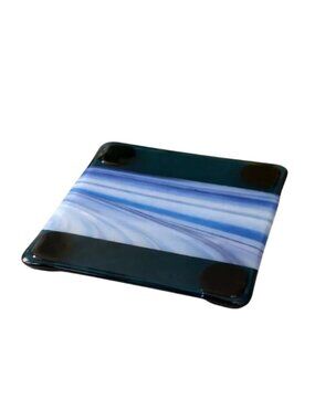 Handmade Fused Art Glass Trivet Blue Square Hot Plate w/ Feet